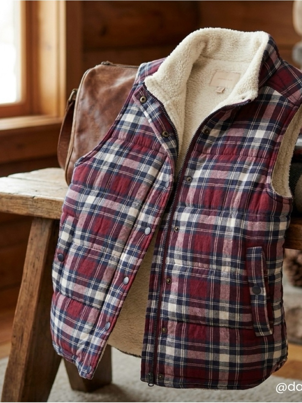 Skies Are Blue Quilted Plaid Sherpa-Lined Vest - Red, Navy, Cream